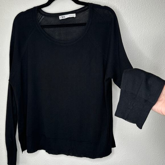 Zara Black Round Neck Long Sleeve Lightweight Thin Sweater Jumper L - Picture 4 of 11